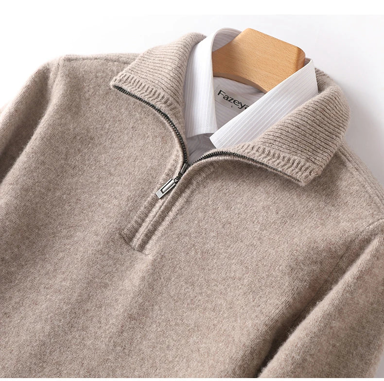 Autumn/Winter New Men's 100% Pure Wool Sweater Business Casual Half Zip Lapel Pullover Thickened Warm Knitted Long Sleeve Jumper
