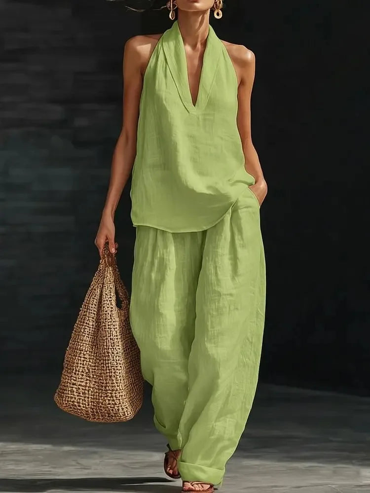Women's Summer Suit Loose Two-piece Halter Neck V-neck Sleeveless Tops Pants Set 2 Piece Woman 2026 Summer Casual Matching Sets