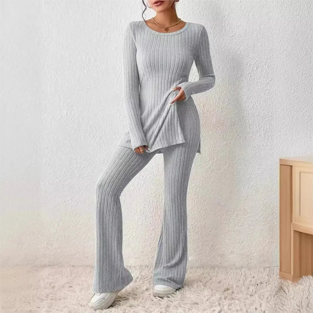 Autumn Winter Women's Clothing New Style Solid Color Sexy Casual Long Sleeved Round Neck Slit Fashion Temperament Two-piece Set