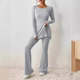 Autumn Winter Women's Clothing New Style Solid Color Sexy Casual Long Sleeved Round Neck Slit Fashion Temperament Two-piece Set