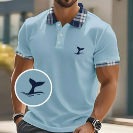 Whale Grid Pattern Polo Shirt For Men Fun Colorful 3D Printed Tees Summer Casual Street Short Sleeve Loose T-Shirt Lapel Tops