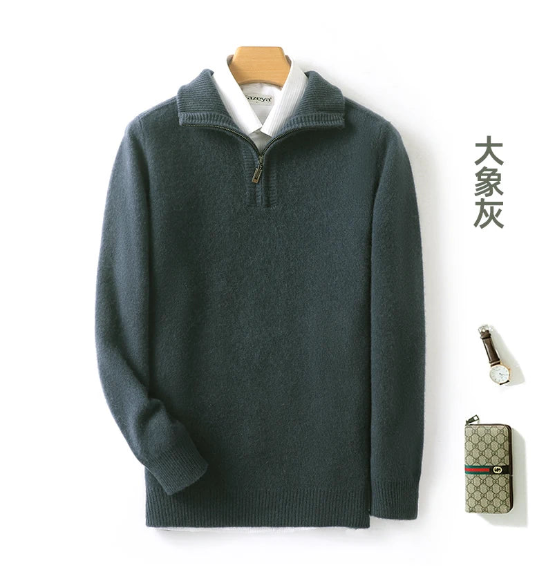Autumn/Winter New Men's 100% Pure Wool Sweater Business Casual Half Zip Lapel Pullover Thickened Warm Knitted Long Sleeve Jumper