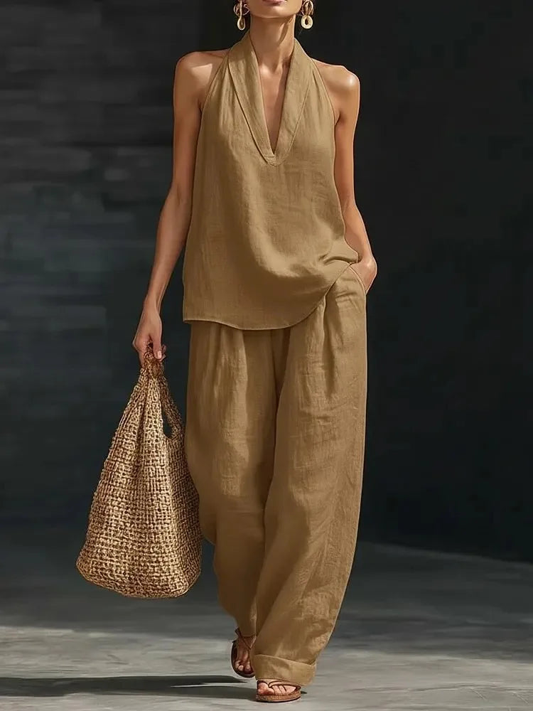 Women's Summer Suit Loose Two-piece Halter Neck V-neck Sleeveless Tops Pants Set 2 Piece Woman 2026 Summer Casual Matching Sets