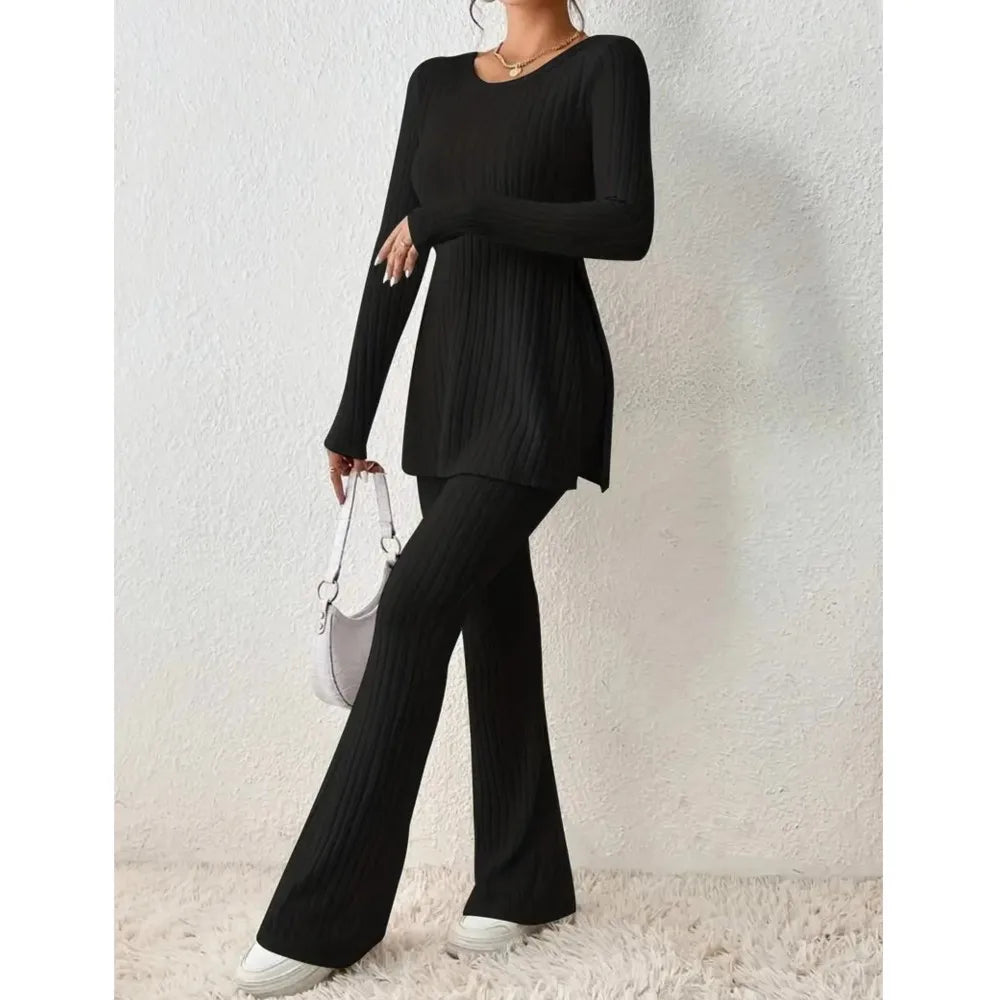 Autumn Winter Women's Clothing New Style Solid Color Sexy Casual Long Sleeved Round Neck Slit Fashion Temperament Two-piece Set