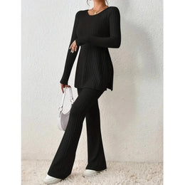 Autumn Winter Women's Clothing New Style Solid Color Sexy Casual Long Sleeved Round Neck Slit Fashion Temperament Two-piece Set