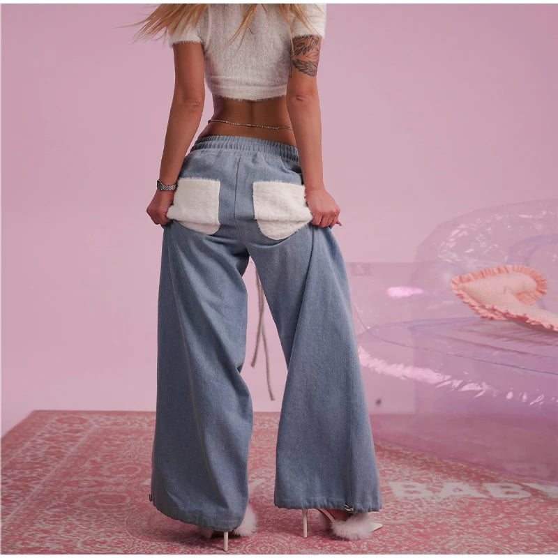 Solid Women Set Contrast Lapel Zip Up Denim Texture Jacket Elastic Waist Shorts Wide Leg Drawstring Trousers 2026 Autumn Suit