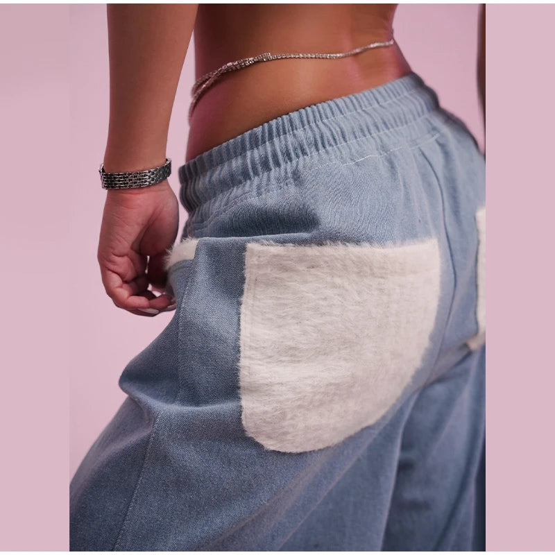 Solid Women Set Contrast Lapel Zip Up Denim Texture Jacket Elastic Waist Shorts Wide Leg Drawstring Trousers 2026 Autumn Suit