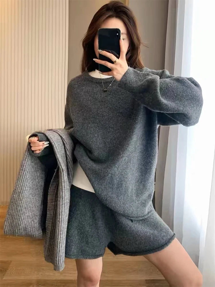 Korean Lazy Style Women's Set Autumn/Winter New Sheep Wool Loose O- Neck Long Sleeve Sweater High Waist Knit Shorts 2-piece Suit