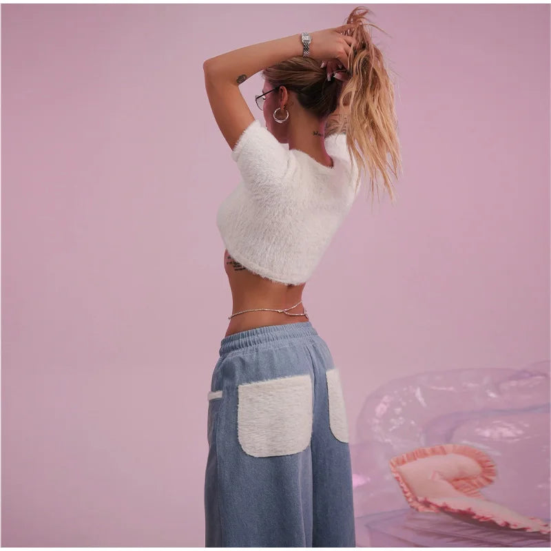 Solid Women Set Contrast Lapel Zip Up Denim Texture Jacket Elastic Waist Shorts Wide Leg Drawstring Trousers 2026 Autumn Suit