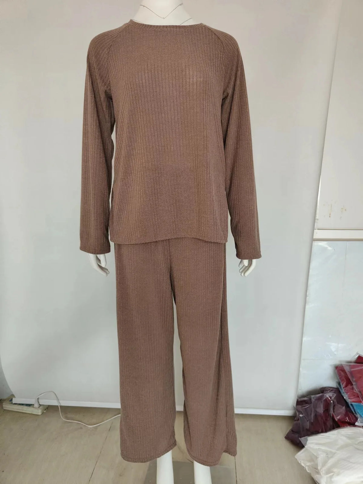 2025 Autumn Women New Loose Round Neck Long Sleeve Pullover + Straight Wide-leg Trousers Two-piece Suit Women's Home Casual Suit