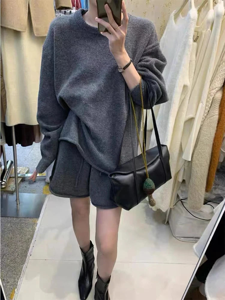 Korean Lazy Style Women's Set Autumn/Winter New Sheep Wool Loose O- Neck Long Sleeve Sweater High Waist Knit Shorts 2-piece Suit