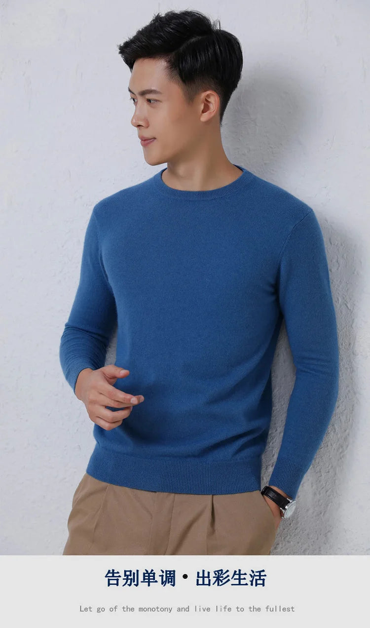 Classic Solid Color Men's O-neck Sweater Autumn Winter 100% Merino Wool Knitted Pullover Long Sleeve Warm Loose Casual Men Tops
