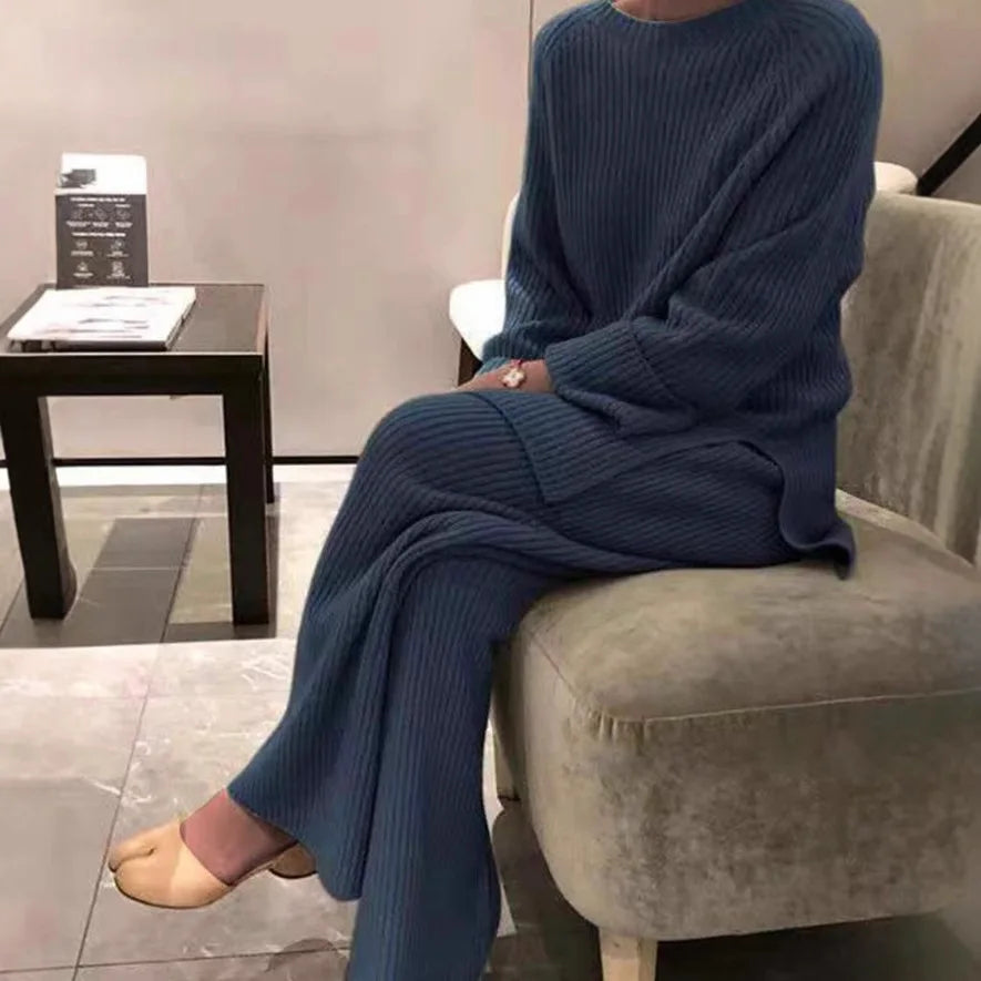 2025 Autumn Women New Loose Round Neck Long Sleeve Pullover + Straight Wide-leg Trousers Two-piece Suit Women's Home Casual Suit