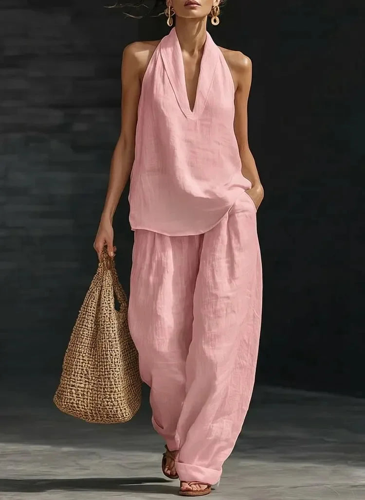 Women's Summer Suit Loose Two-piece Halter Neck V-neck Sleeveless Tops Pants Set 2 Piece Woman 2026 Summer Casual Matching Sets
