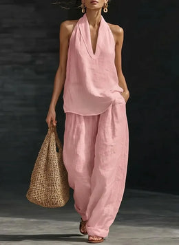 Women's Summer Suit Loose Two-piece Halter Neck V-neck Sleeveless Tops Pants Set 2 Piece Woman 2026 Summer Casual Matching Sets