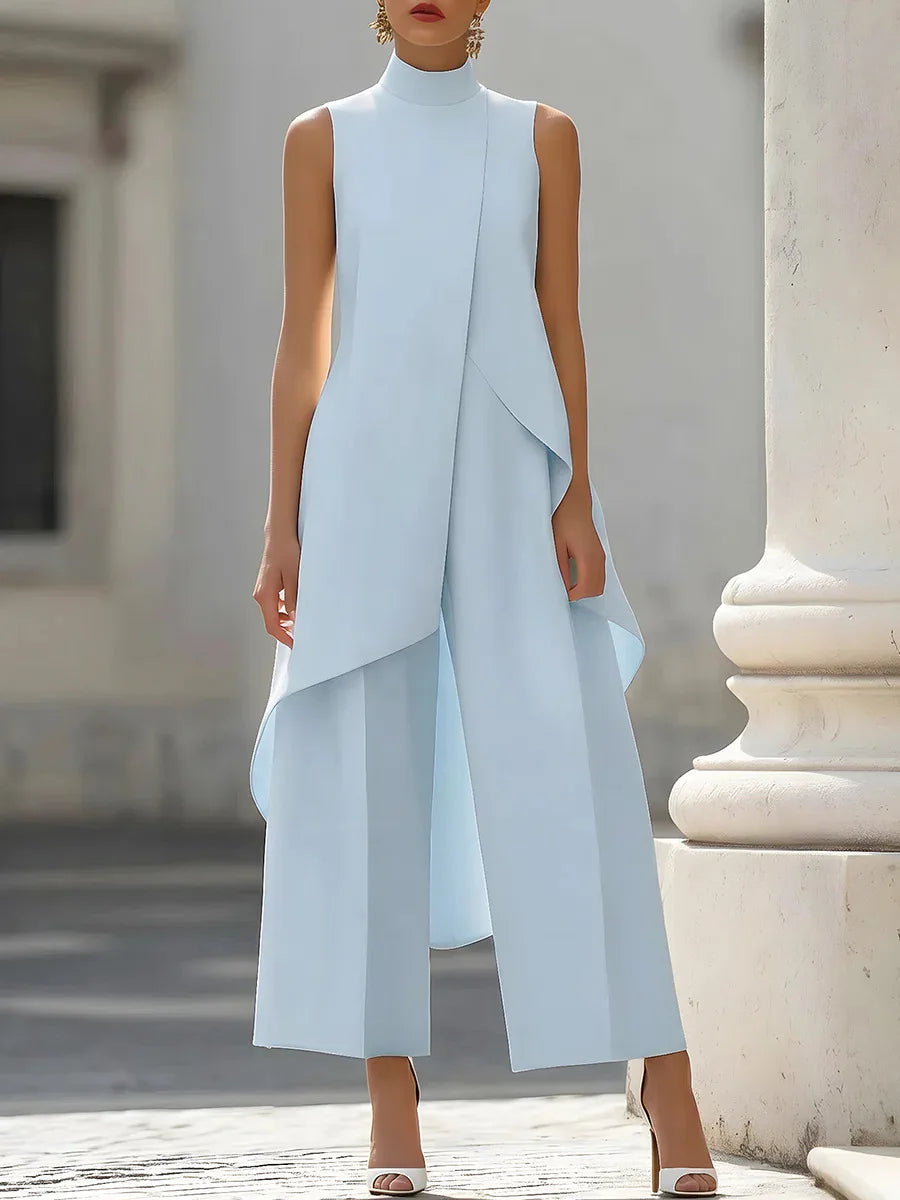 Womens Matching Sets 2026 Summer Fashion Sleeveslee Ensemble 2 Piece Woman Elegant Irregular Design Straight Pants Simple Style