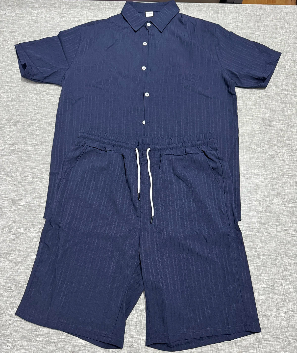 Lazy Street Style Vertical Stripe Slimming Shirt Shorts Two-piece Set No Need To Pair With Autumn Men's Thin Knit Sports Suit