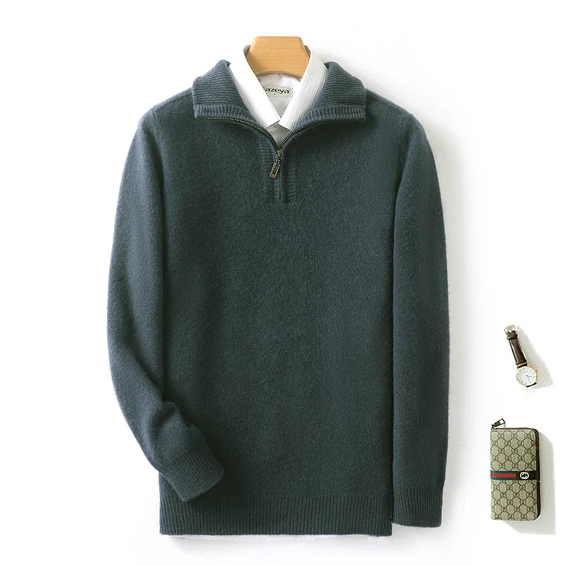 Autumn/Winter New Men's 100% Pure Wool Sweater Business Casual Half Zip Lapel Pullover Thickened Warm Knitted Long Sleeve Jumper