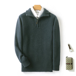 Autumn/Winter New Men's 100% Pure Wool Sweater Business Casual Half Zip Lapel Pullover Thickened Warm Knitted Long Sleeve Jumper