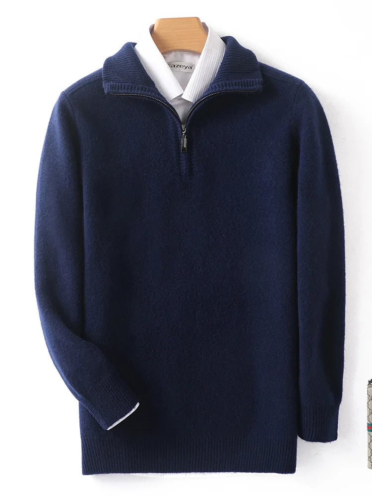 Autumn/Winter New Men's 100% Pure Wool Sweater Business Casual Half Zip Lapel Pullover Thickened Warm Knitted Long Sleeve Jumper