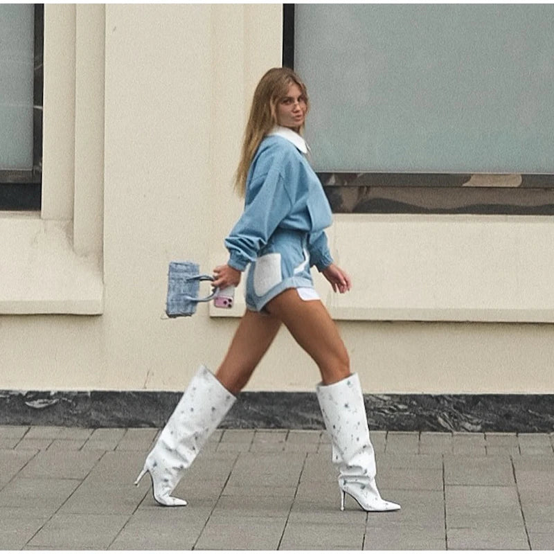 Solid Women Set Contrast Lapel Zip Up Denim Texture Jacket Elastic Waist Shorts Wide Leg Drawstring Trousers 2026 Autumn Suit