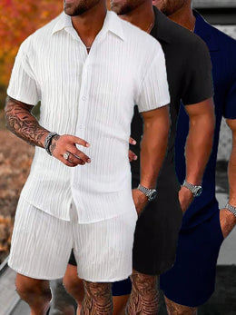 Lazy Street Style Vertical Stripe Slimming Shirt Shorts Two-piece Set No Need To Pair With Autumn Men's Thin Knit Sports Suit