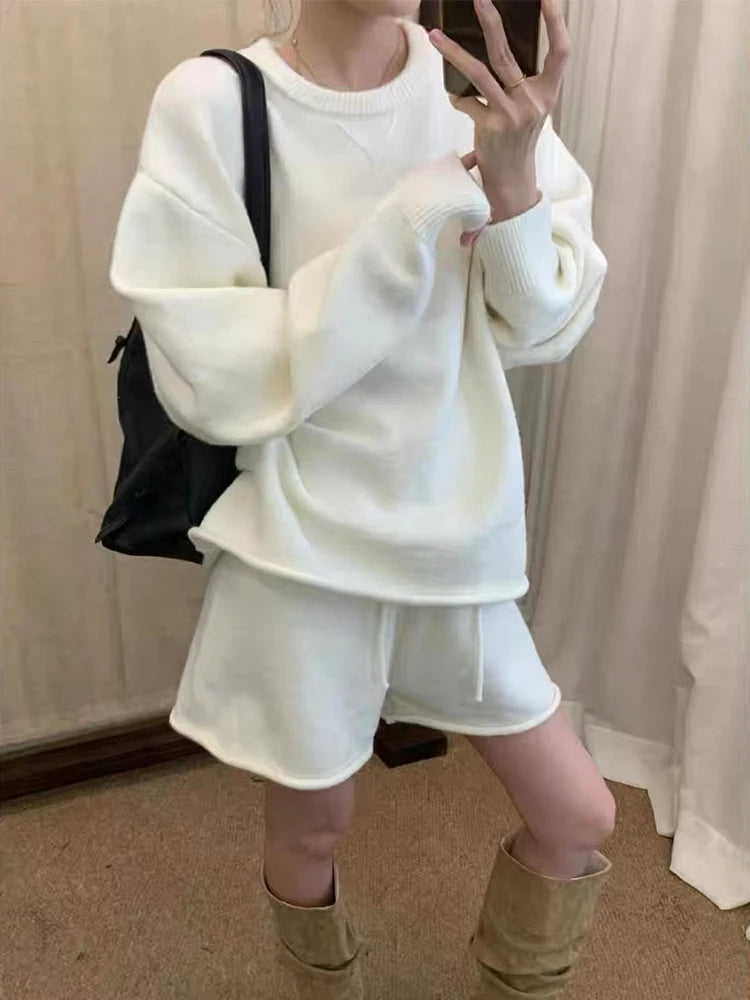 Korean Lazy Style Women's Set Autumn/Winter New Sheep Wool Loose O- Neck Long Sleeve Sweater High Waist Knit Shorts 2-piece Suit