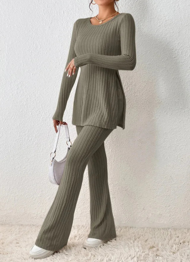 Autumn Winter Women's Clothing New Style Solid Color Sexy Casual Long Sleeved Round Neck Slit Fashion Temperament Two-piece Set