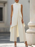 Womens Matching Sets 2026 Summer Fashion Sleeveslee Ensemble 2 Piece Woman Elegant Irregular Design Straight Pants Simple Style
