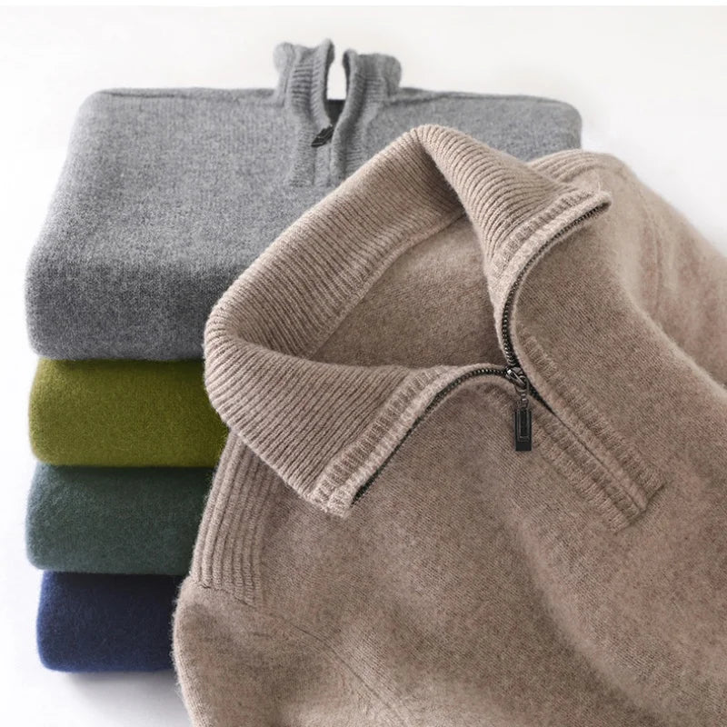 Autumn/Winter New Men's 100% Pure Wool Sweater Business Casual Half Zip Lapel Pullover Thickened Warm Knitted Long Sleeve Jumper