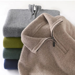 Autumn/Winter New Men's 100% Pure Wool Sweater Business Casual Half Zip Lapel Pullover Thickened Warm Knitted Long Sleeve Jumper