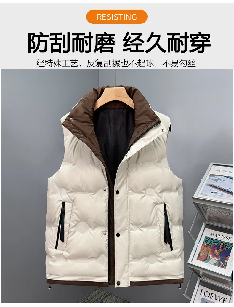 Autumn and Winter Men's Down Cotton Vest Men Windproof Warm Vest Jackets New Trend Fashion Zipper Hooded Solid Color Vest Coat