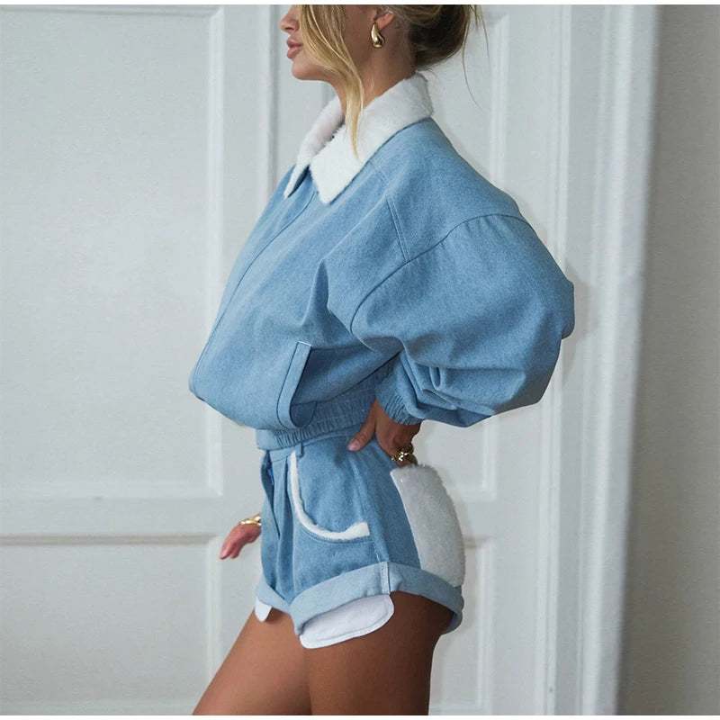 Solid Women Set Contrast Lapel Zip Up Denim Texture Jacket Elastic Waist Shorts Wide Leg Drawstring Trousers 2026 Autumn Suit