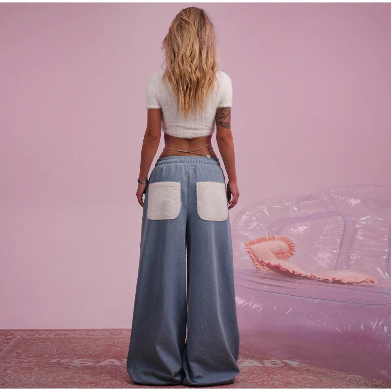Solid Women Set Contrast Lapel Zip Up Denim Texture Jacket Elastic Waist Shorts Wide Leg Drawstring Trousers 2026 Autumn Suit