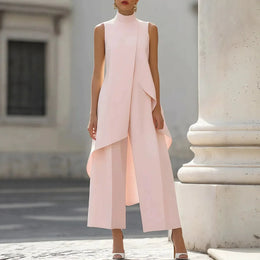 Womens Matching Sets 2026 Summer Fashion Sleeveslee Ensemble 2 Piece Woman Elegant Irregular Design Straight Pants Simple Style