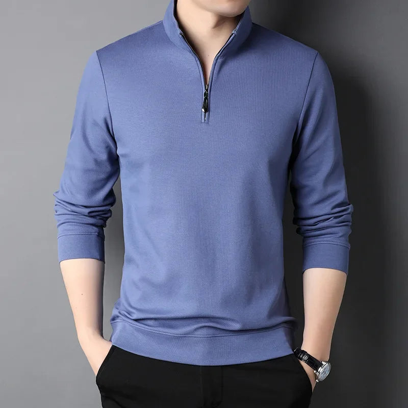 2023 Spring and Autumn Men's Pullover Stand Neck Zipper Solid Long Sleeve T-shirt High Neck POLO Bottom Fashion Casual Tops