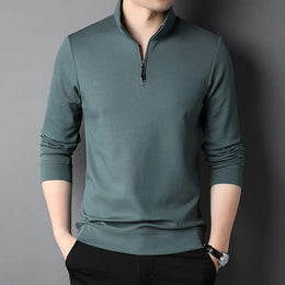 2023 Spring and Autumn Men's Pullover Stand Neck Zipper Solid Long Sleeve T-shirt High Neck POLO Bottom Fashion Casual Tops