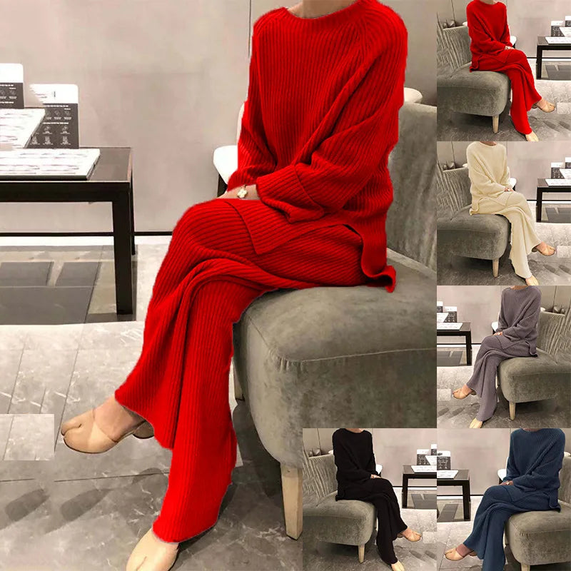2025 Autumn Women New Loose Round Neck Long Sleeve Pullover + Straight Wide-leg Trousers Two-piece Suit Women's Home Casual Suit