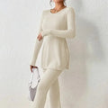 Autumn Winter Women's Clothing New Style Solid Color Sexy Casual Long Sleeved Round Neck Slit Fashion Temperament Two-piece Set