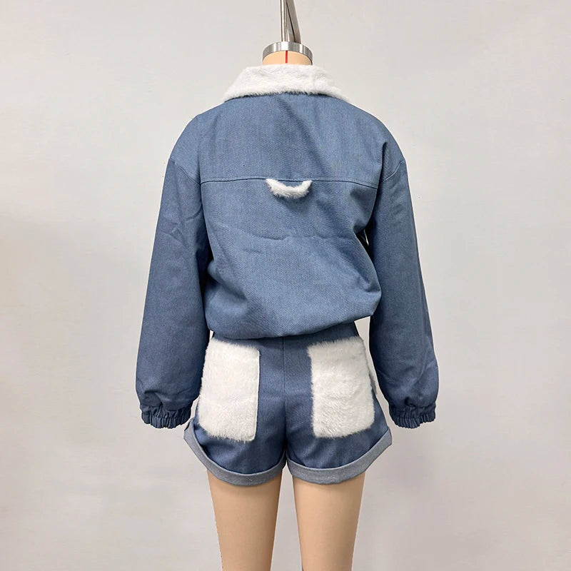 Solid Women Set Contrast Lapel Zip Up Denim Texture Jacket Elastic Waist Shorts Wide Leg Drawstring Trousers 2026 Autumn Suit