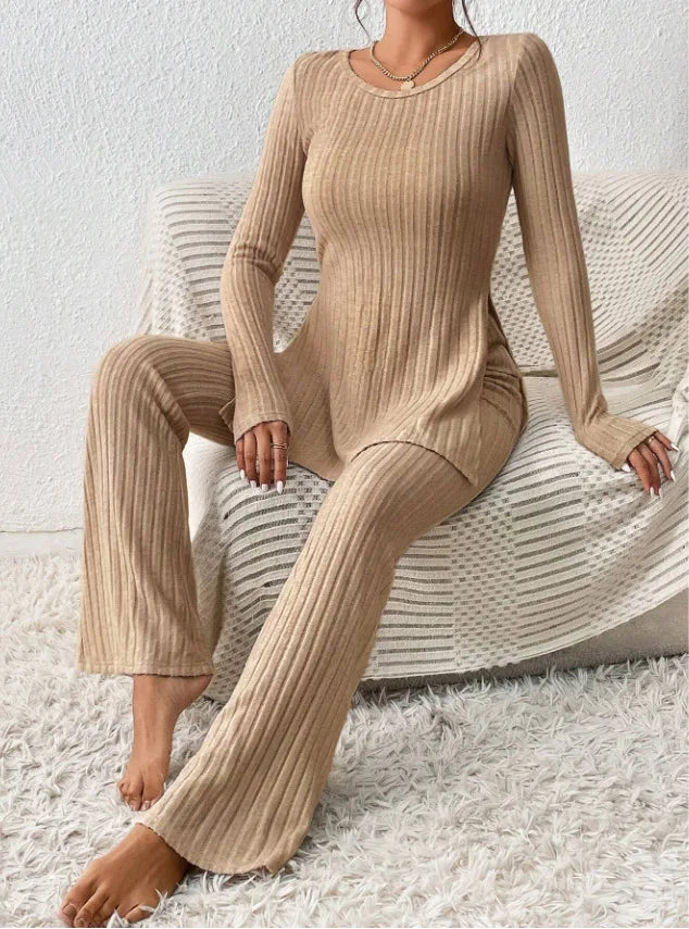 Autumn Winter Women's Clothing New Style Solid Color Sexy Casual Long Sleeved Round Neck Slit Fashion Temperament Two-piece Set