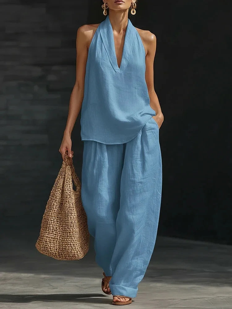 Women's Summer Suit Loose Two-piece Halter Neck V-neck Sleeveless Tops Pants Set 2 Piece Woman 2026 Summer Casual Matching Sets