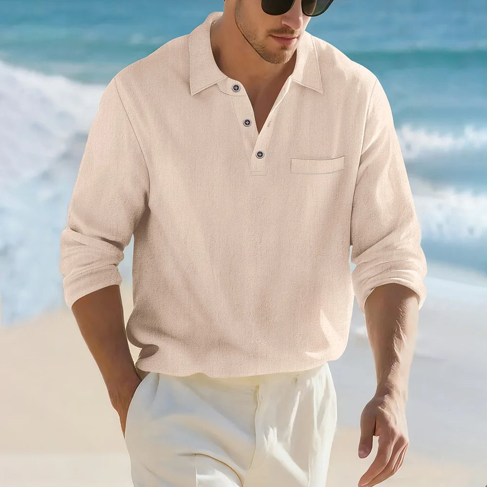Men's Casual Soft Lightweight Linen Cotton Lapel Shirt Spring Autumn Loose Solid Color Fashion Decorative Flap Top