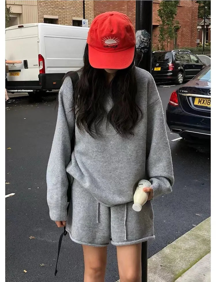 Korean Lazy Style Women's Set Autumn/Winter New Sheep Wool Loose O- Neck Long Sleeve Sweater High Waist Knit Shorts 2-piece Suit