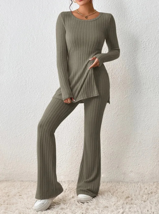 Autumn Winter Women's Clothing New Style Solid Color Sexy Casual Long Sleeved Round Neck Slit Fashion Temperament Two-piece Set