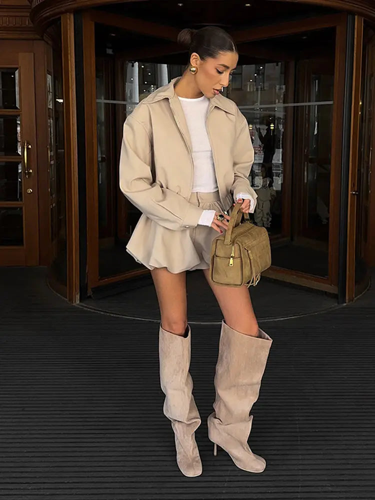 Flower Bud Shorts Coats Suits Women Lapel Long Sleeves Zipper Elastic Band Wide Legs Sets Female 2025 Autumn New Fashion Outfits