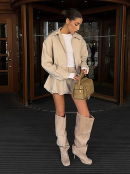 Flower Bud Shorts Coats Suits Women Lapel Long Sleeves Zipper Elastic Band Wide Legs Sets Female 2025 Autumn New Fashion Outfits