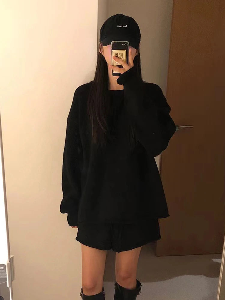 Korean Lazy Style Women's Set Autumn/Winter New Sheep Wool Loose O- Neck Long Sleeve Sweater High Waist Knit Shorts 2-piece Suit