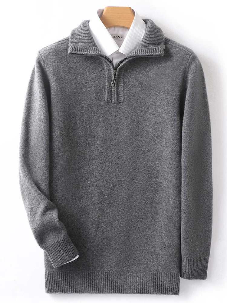 Autumn/Winter New Men's 100% Pure Wool Sweater Business Casual Half Zip Lapel Pullover Thickened Warm Knitted Long Sleeve Jumper