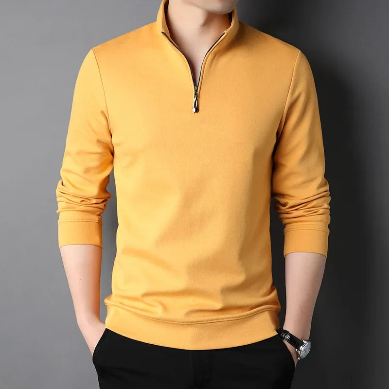 2023 Spring and Autumn Men's Pullover Stand Neck Zipper Solid Long Sleeve T-shirt High Neck POLO Bottom Fashion Casual Tops